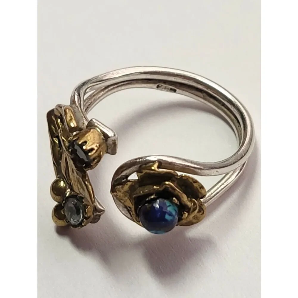 Sterling Silver Ring Gold-Tone Floral Leaves Blue Center Size 7.5 Adjustable